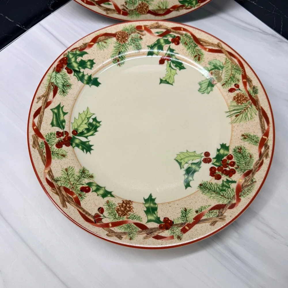 Block Basics Festive Ribbon Christmas Dinner Plates Set of 4 Holly Pine Plates